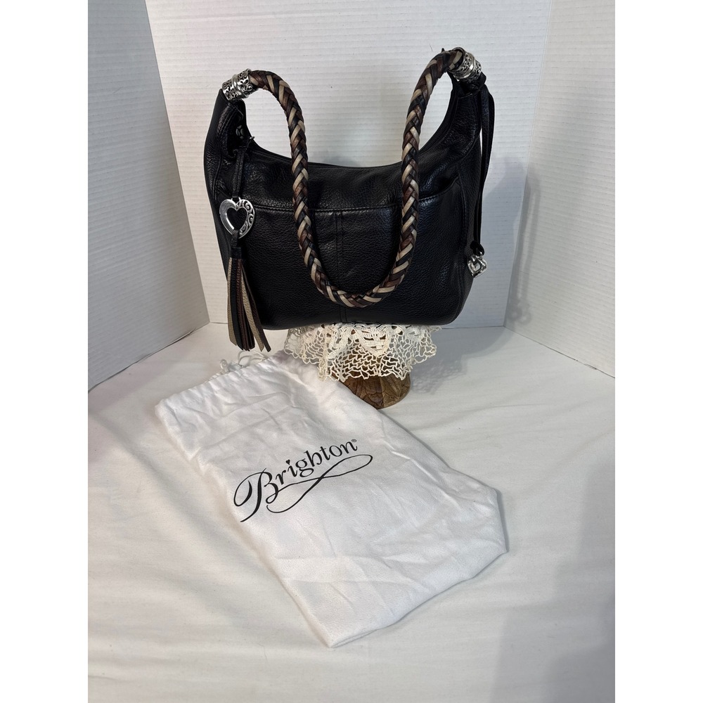 Brighton Black Pebbled Leather Hobo Bag Braided Strap Heart Charm F074155